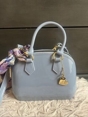 Betsey Johnson Light Gray Patent Dome Mini Satchel with Gold Heart Charm